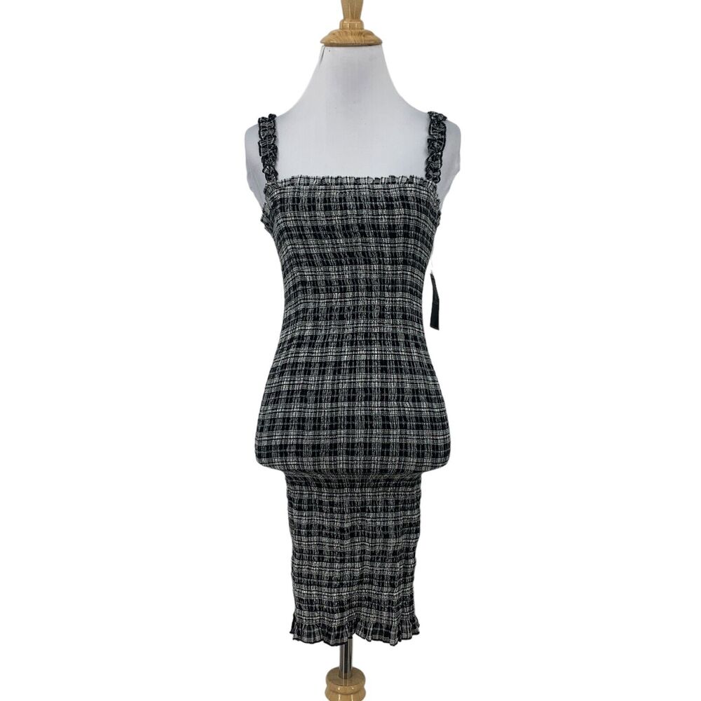 Volcom Shirred Mini Dress Womens XS Extra Small Check Plaid Square Neck Bodycon